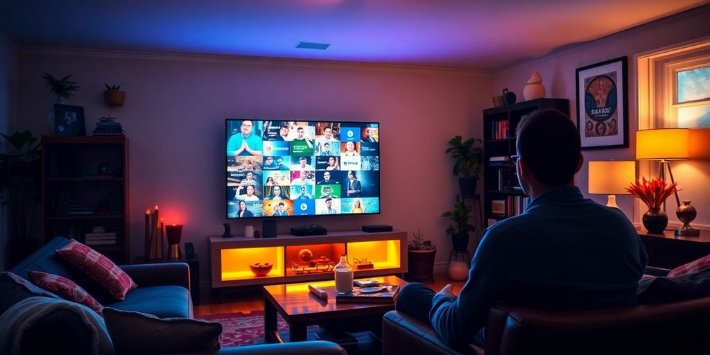 Cozy living room with a large TV and colorful content.