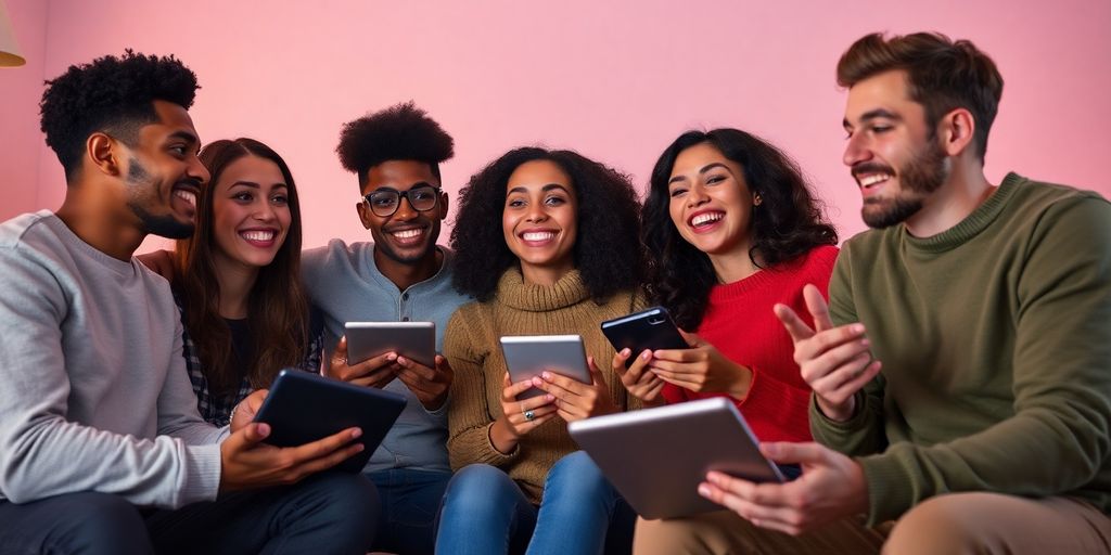 Diverse people enjoying IPTV together in a cozy setting.