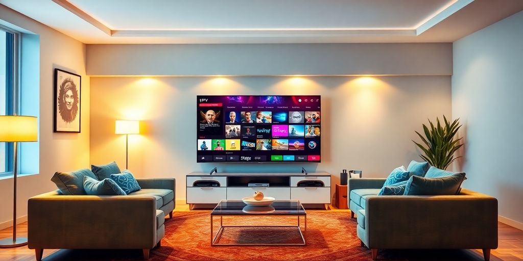 Modern living room with flat-screen TV and IPTV content.