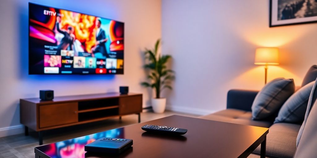 Cozy living room with a TV and streaming setup.