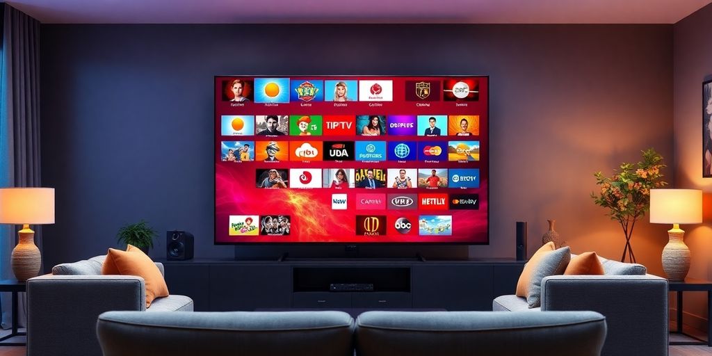 Modern living room with a TV streaming IPTV channels.