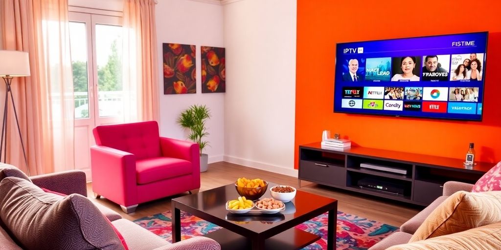 Cozy living room with TV streaming IPTV channels.